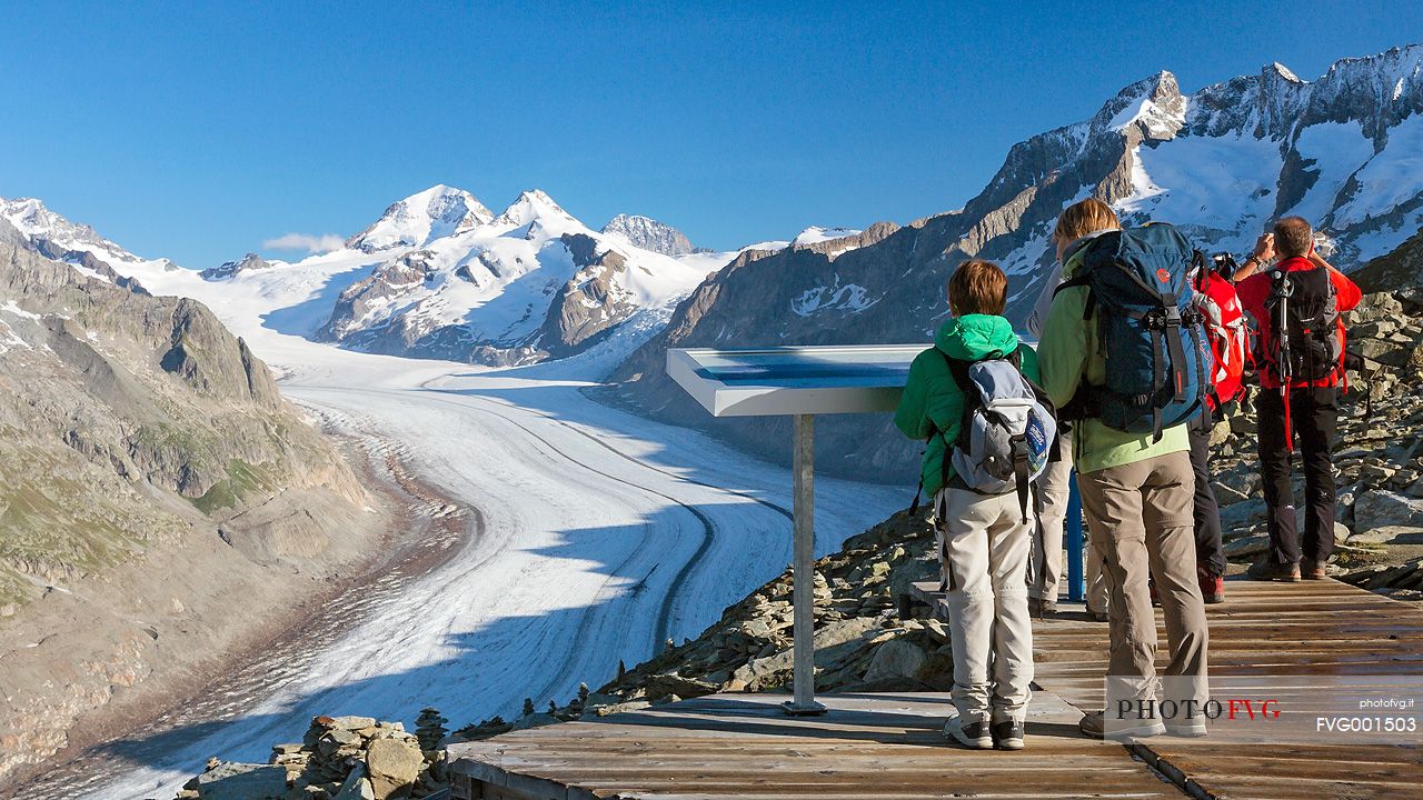 Panoramic terrace on Eggishorn mountain towards Aletsch glacier and Jungfrau mountain, Valais, Switzerland, Europe