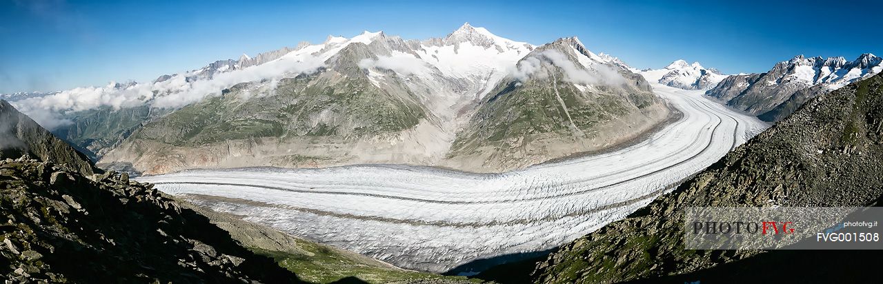 Panoramic view from Eggishorn mountain towards Aletsch glacier and Jungfrau mountain, Valais, Switzerland, Europe