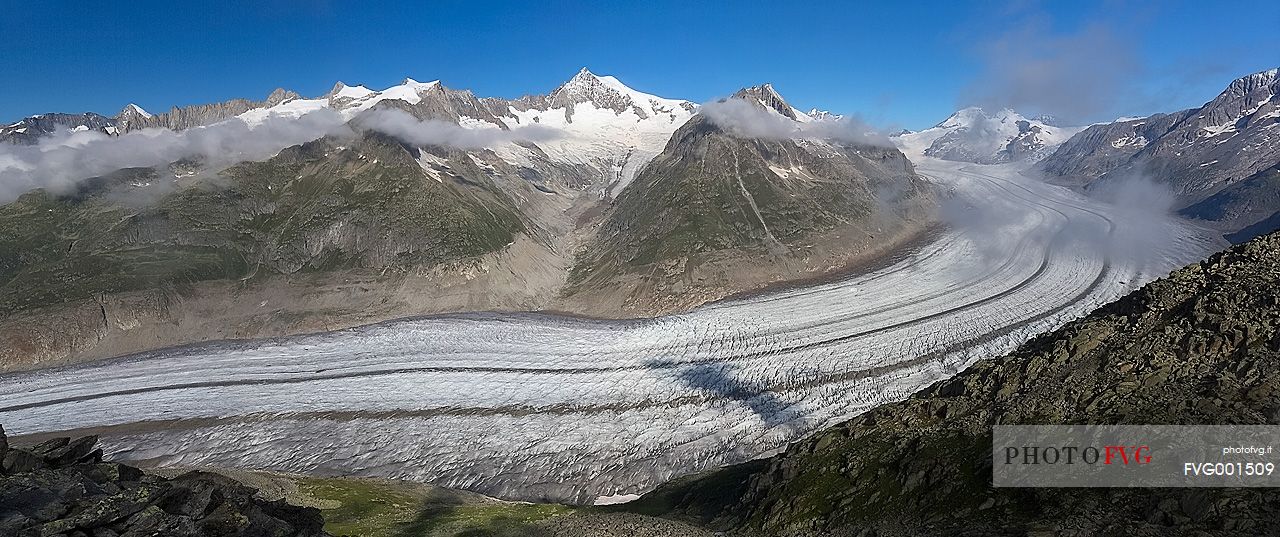 Panoramic view from Eggishorn mountain towards Aletsch glacier and Jungfrau mountain, Valais, Switzerland, Europe