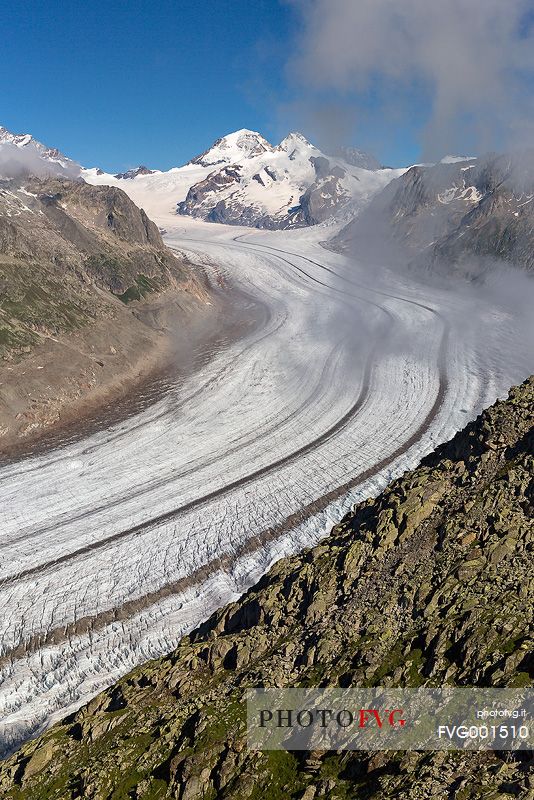 Panoramic view from Eggishorn mountain towards Aletsch glacier and Jungfrau mountain, Valais, Switzerland, Europe