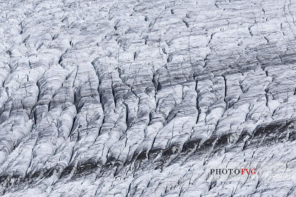 Great Aletsch Glacier glacial tongue with ice crevasses, Eggishorn Bergstation, Fiesch, Canton of Valais, Switzerland, Europe