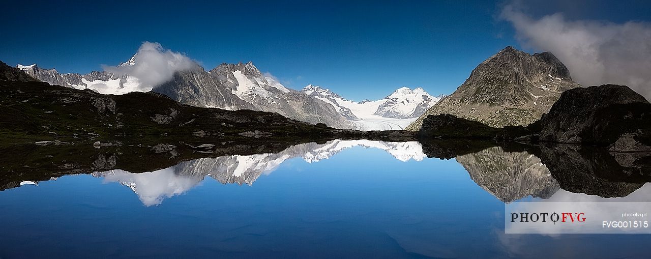 Aletsch glacier reflected on the Tallisee or Talli lake, Eggishorn, Fiesch, Valais, Switzerland, Europe