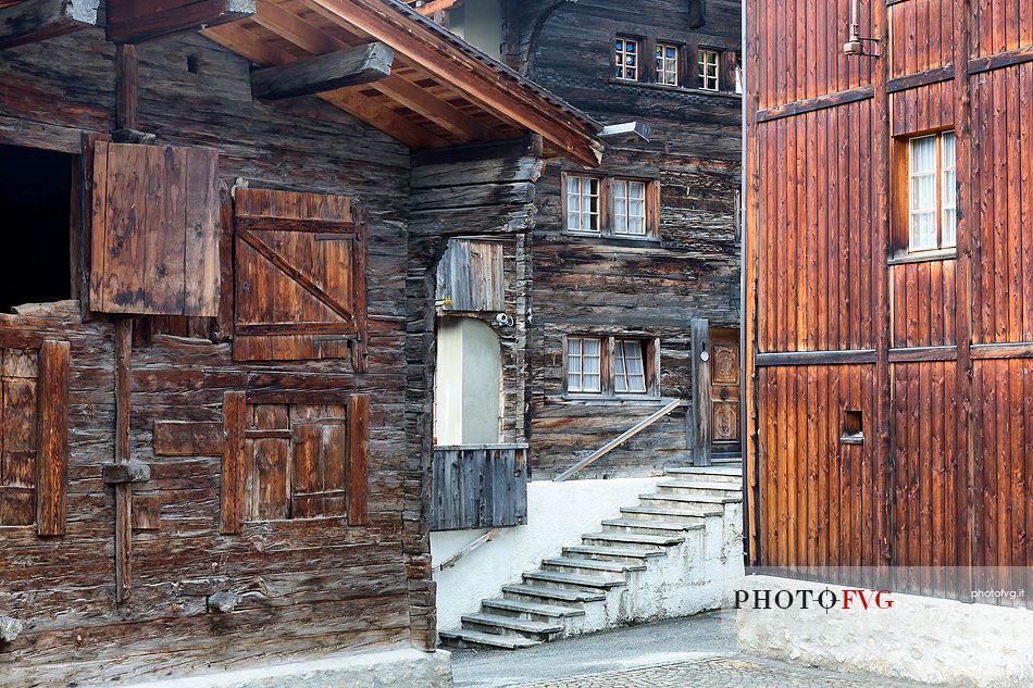 Traditional alpine wood houses in Mnster Geschinen village, Fiesh, Canton of Valais, Switzerland, Europe
