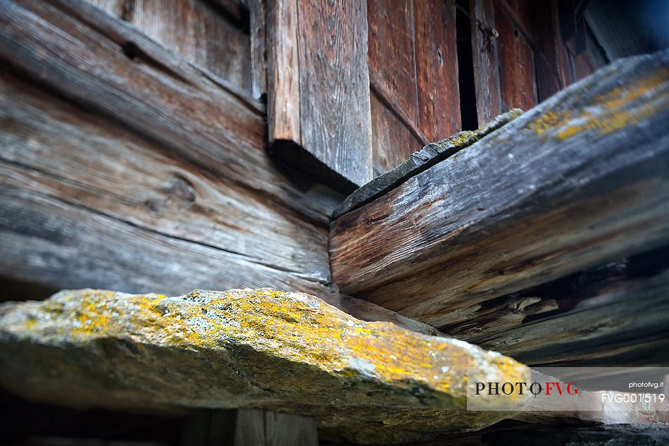 Detail of traditional walser house in Mnster Geschinen village, Fiesh, Canton of Valais, Switzerland, Europe
