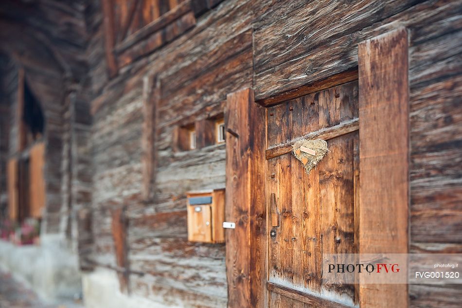 Detail of traditional alpine house in Mnster Geschinen village, Fiesh, Canton of Valais, Switzerland, Europe

