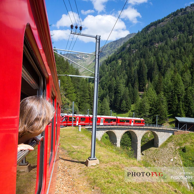 Benina express, UNESCO World Heritage, near Alp Grum, Rhetic railways, Engadin, Canton of Grisons, Switzerland, Europe