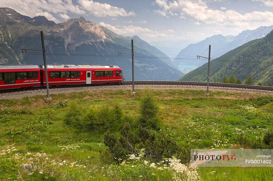 Benina express, UNESCO World Heritage, near Bernina pass, Rhetic railways, Engadin, Canton of Grisons, Switzerland, Europe