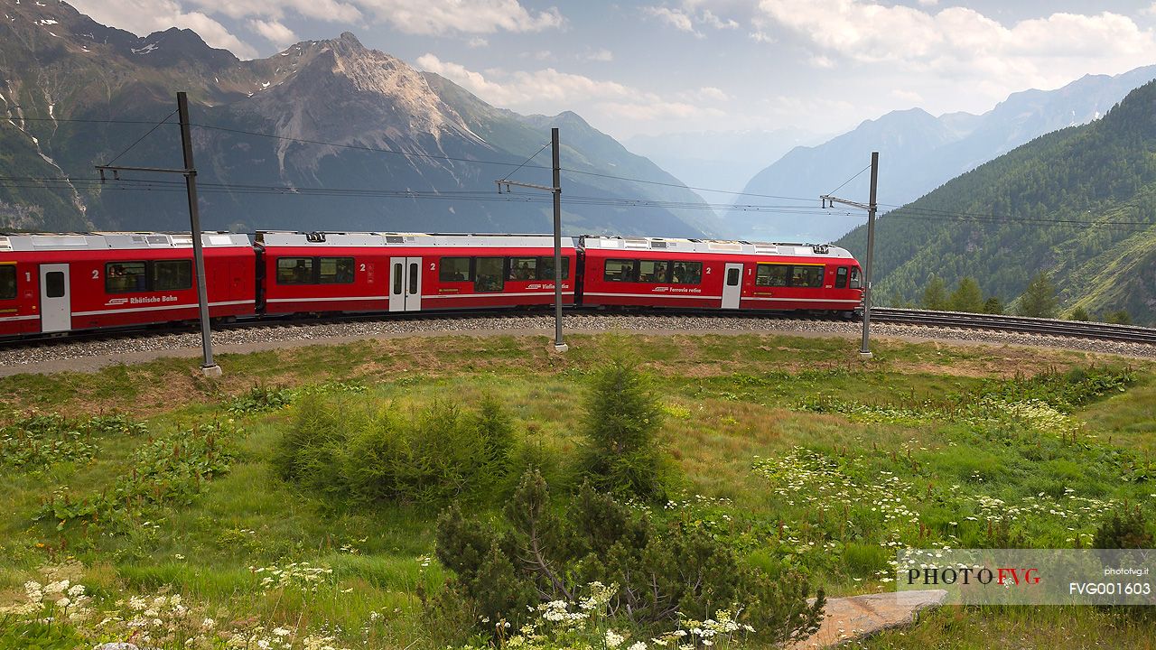 Benina express, UNESCO World Heritage, near Bernina pass, Rhetic railways, Engadin, Canton of Grisons, Switzerland, Europe