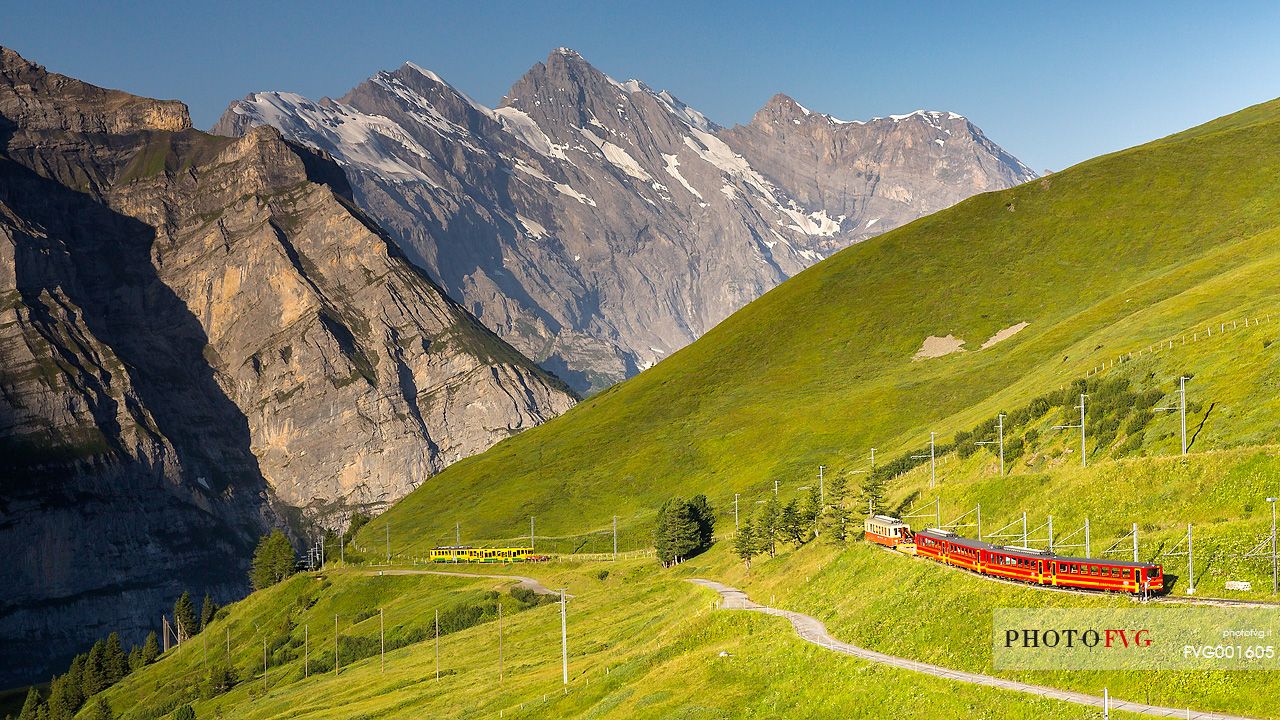 Typical swiss red train on Kleine Scheidegg from Wengen, Jungfraujoch Railway, Grindelwald, Switzerland, Europe
