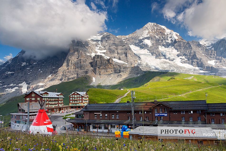 Kleine Scheidegg station, Jungfraujoch Railway near Eiger Monch Jungfrau Mountain Group, Grindelwald, Switzerland, Europe