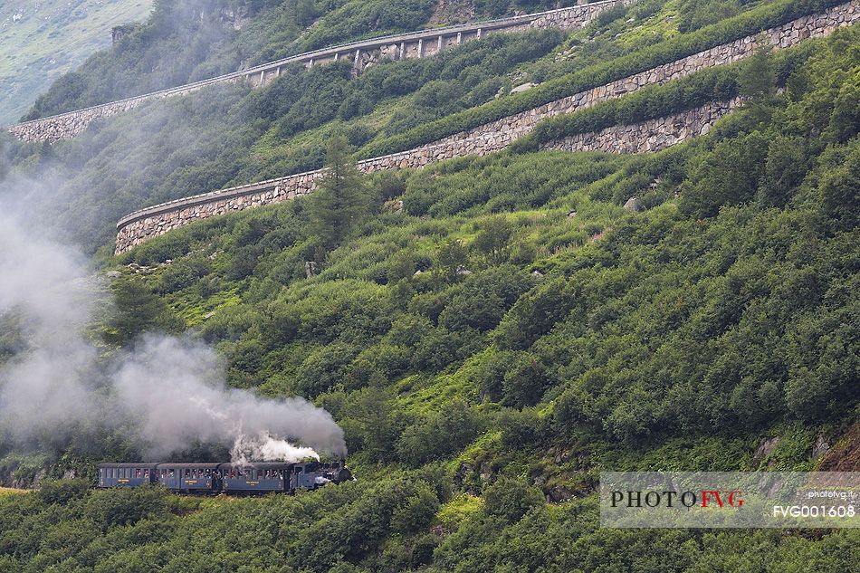 Furka Pass, Steam train from Furka to Gletsch, Oberwald, Canton of Valais, Switzerland, Europe