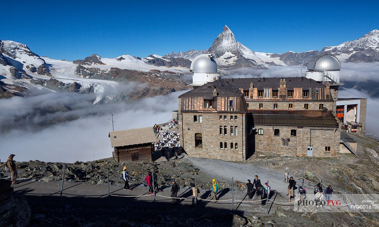 Kulm hotel and the astronomic observatory at the Gornergrat, in the background the Matterhorn or Cervino mount, Zermatt, Valais, Switzerland, Europe
