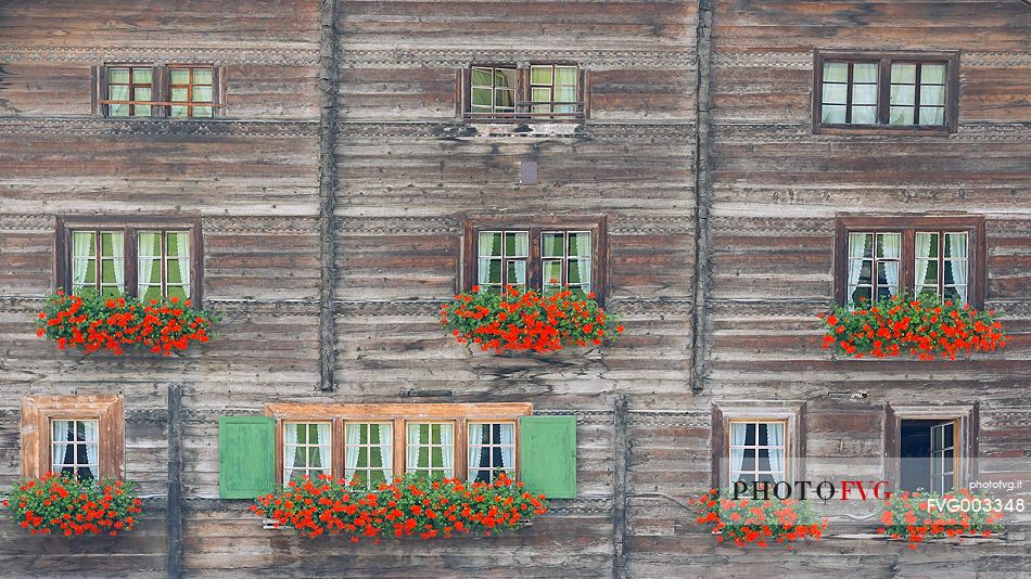 Traditional wooden building in Vals village, Grisons, Switzerland, Europe
