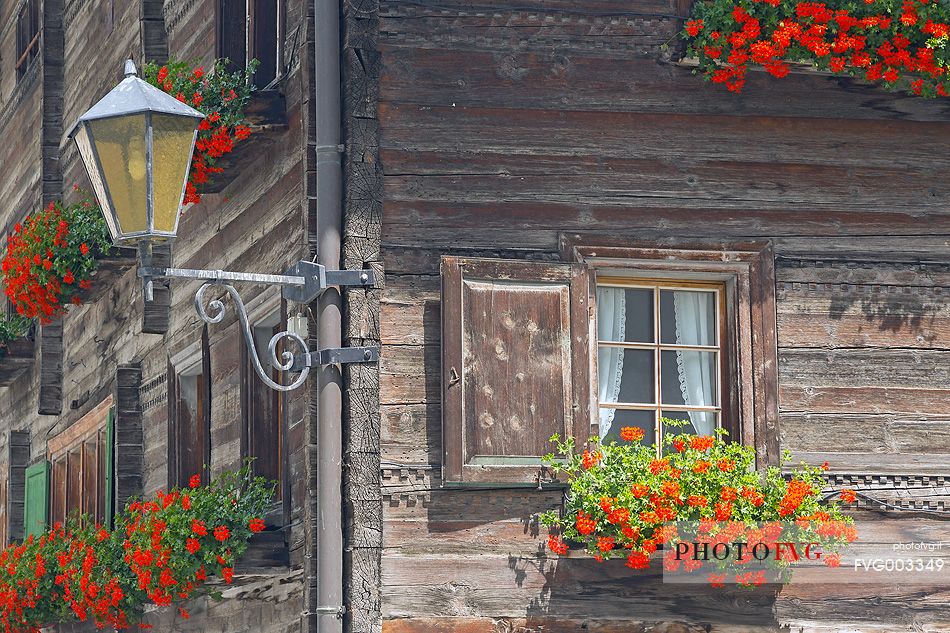 Traditional wooden building in Vals village, Grisons, Switzerland, Europe