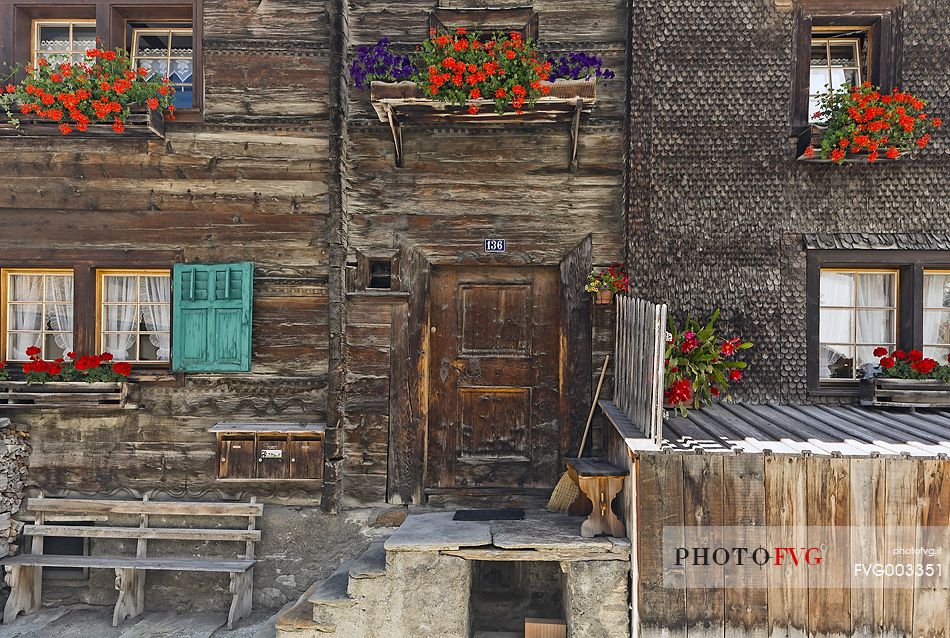 Traditional wooden building in Vals village, Grisons, Switzerland, Europe