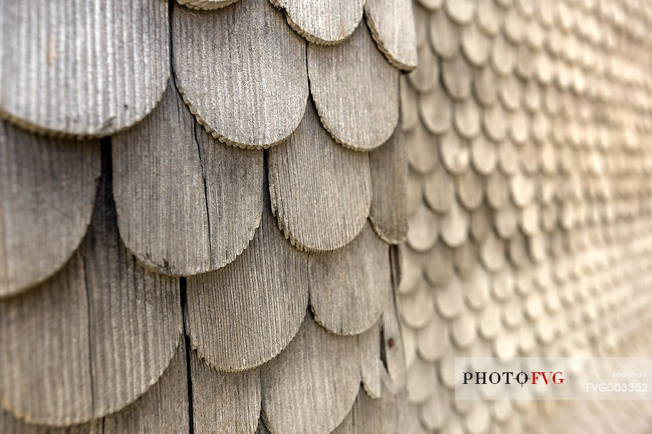 Detail of traditional wooden building in Vals village, Grisons, Switzerland, Europe