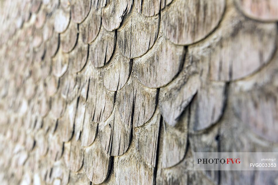 Detail of traditional wooden building in Vals village, Grisons, Switzerland, Europe