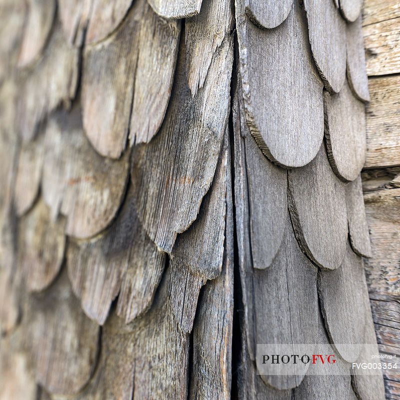 Detail of traditional wooden building in Vals village, Grisons, Switzerland, Europe