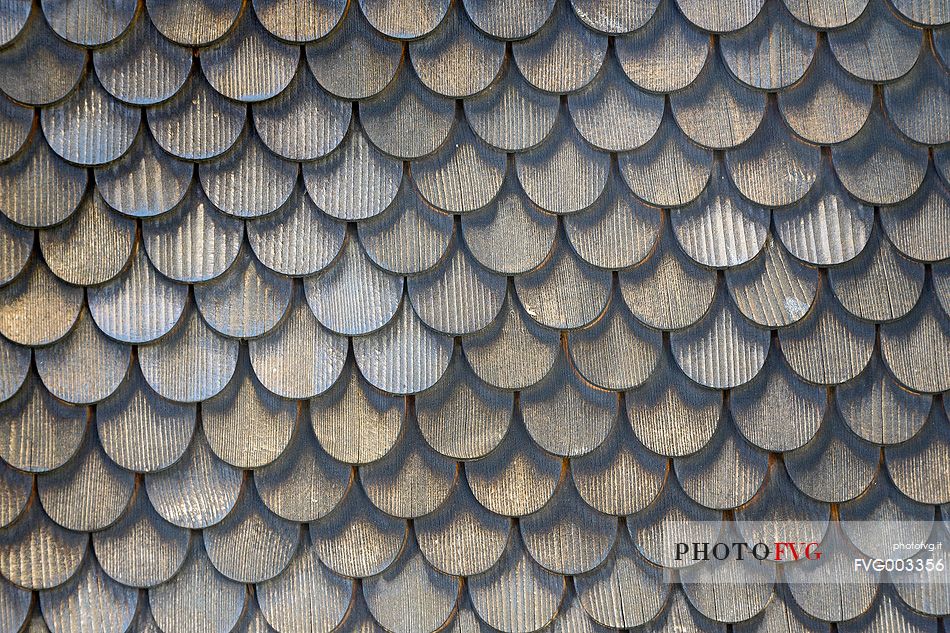 Detail of traditional wooden building in Vals village, Grisons, Switzerland, Europe