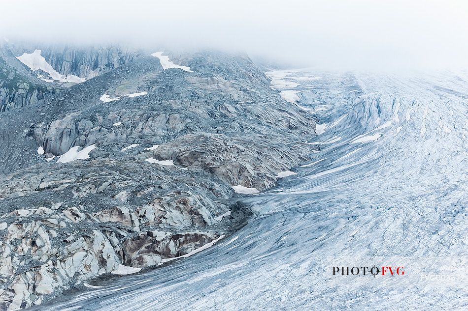 Mist and fog on Rhone Glacier,  Furka pass, Valais, Switzerland, Europe