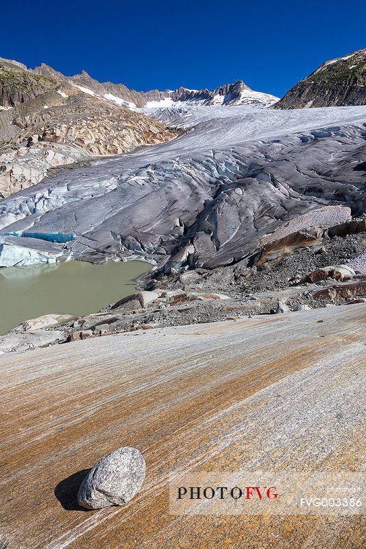 Rhone glacier and melting lake, Furka pass, Valais, Switzerland, Europe