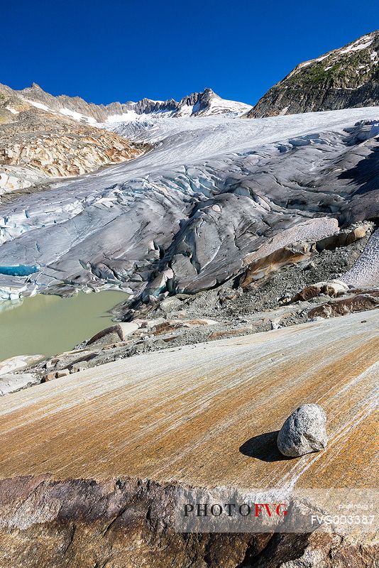 Rhone glacier and melting lake, Furka pass, Valais, Switzerland, Europe