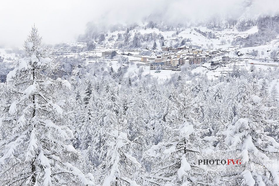 Casso alpine town after an intense snowfall