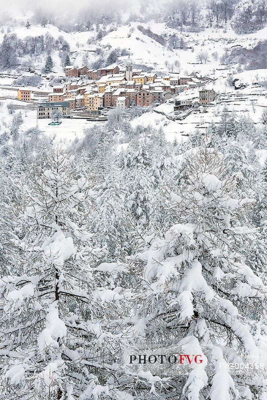 Casso alpine town after an intense snowfall