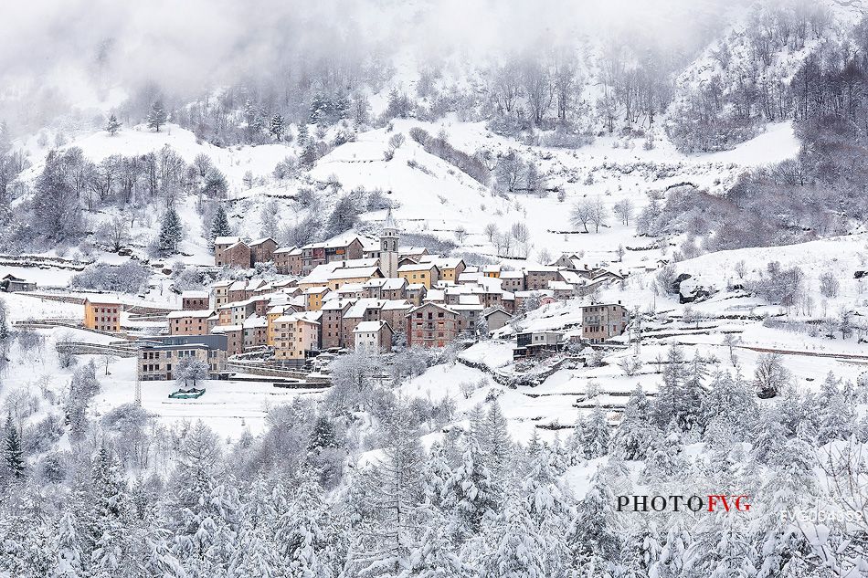 Casso alpine town after an intense snowfall