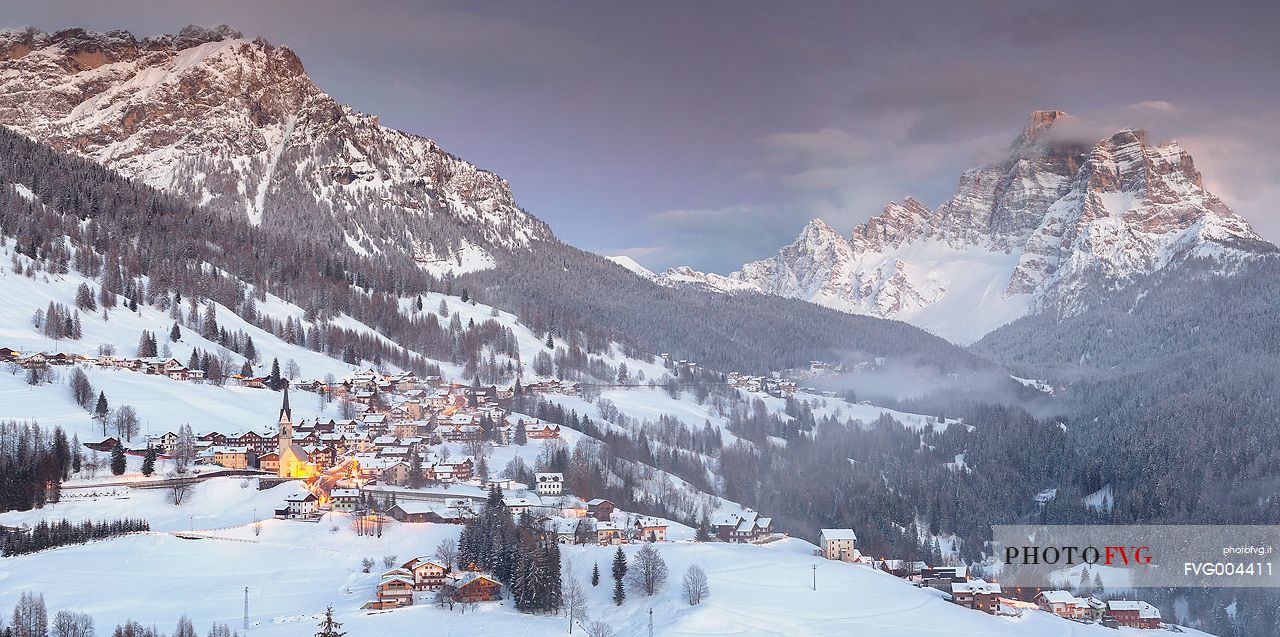 Selva di Cadore at sunset, in the background Pelmo mountain