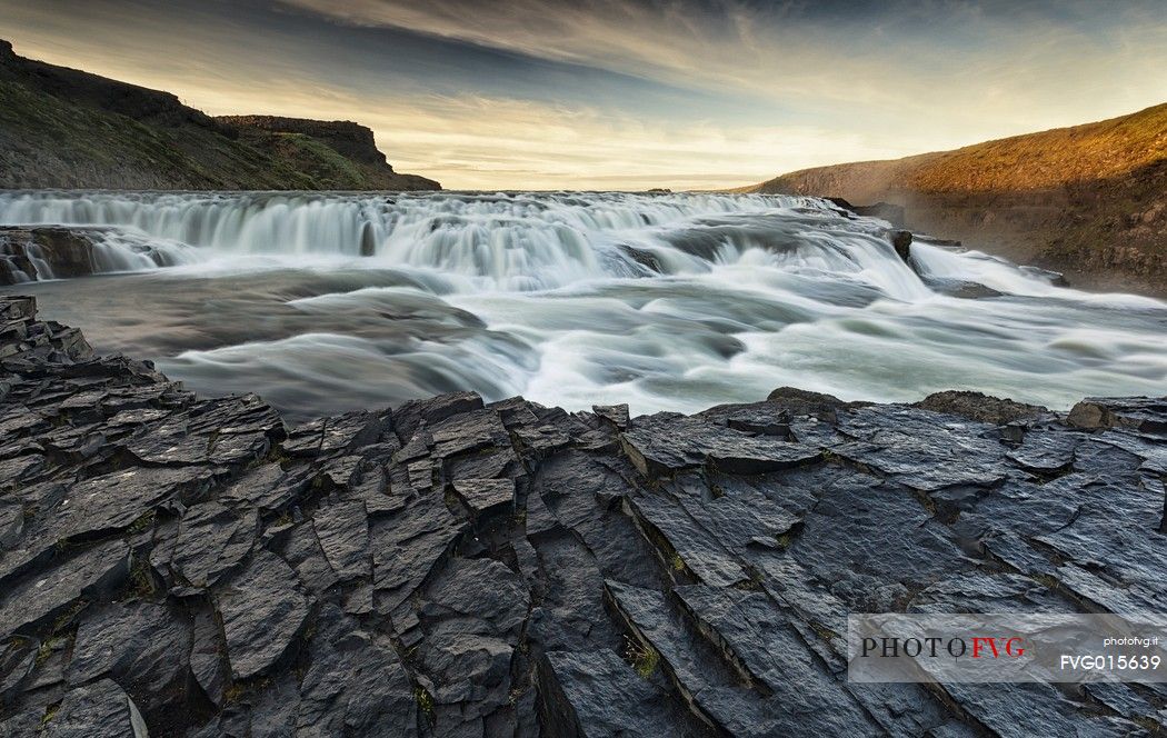 Gullfoss waterfall at sunset