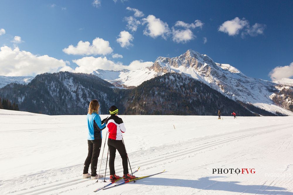 Cross-country skiing on the slopes of Sauris di Sopra , in the background the Monte Bivera , Sauris