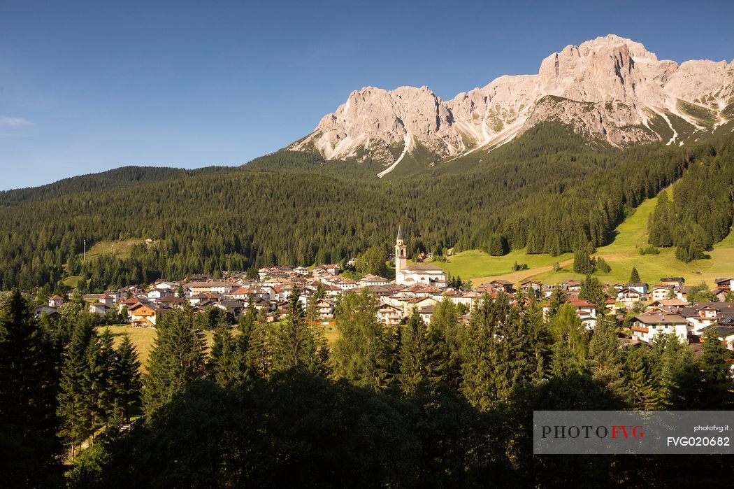 Padola village and the valley, in the background the dolomites, Comelico, Italy