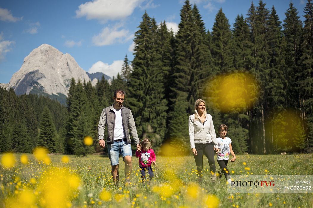 A family walks in Val Visdende, Visdende valley, dolomites, Italy