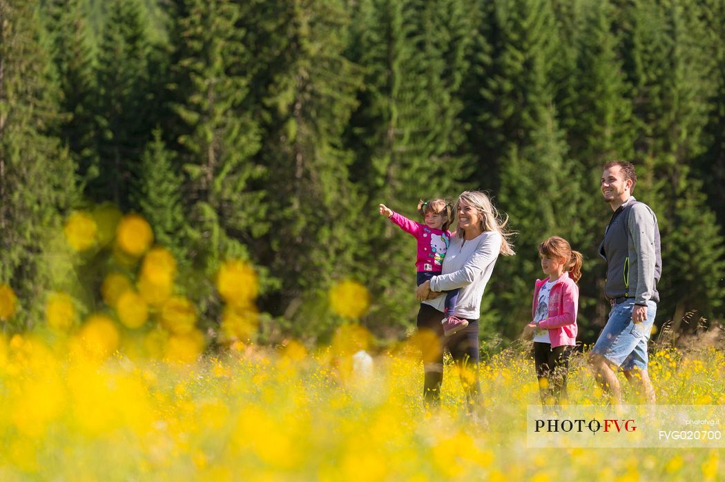 A family walks in Val Visdende, Comelico, Italy