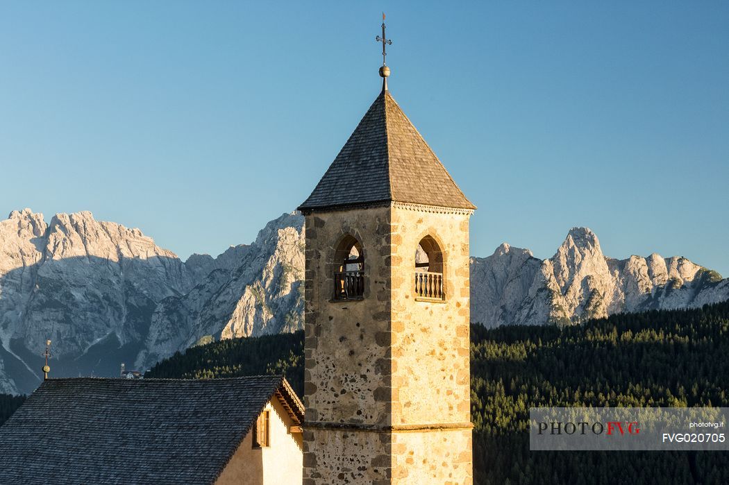 The ancient bell tower of San Leonardo Vecchio, Casamazzagno, Comelico, Italy