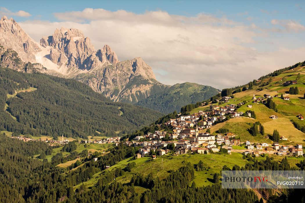 The valley of Comelico and in the background the dolomites of Sesto, Unesco World Heritege, Italy