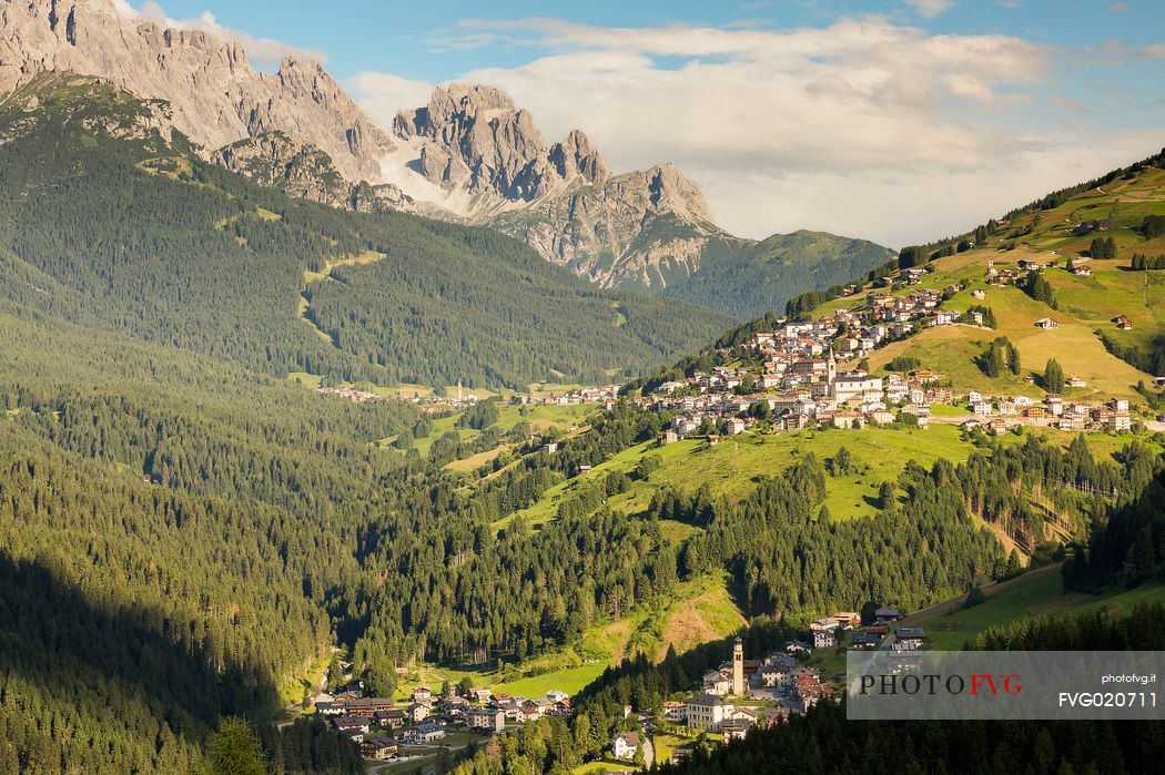 The valley of Comelico and in the background the dolomites of Sesto, Unesco World Heritege, Italy