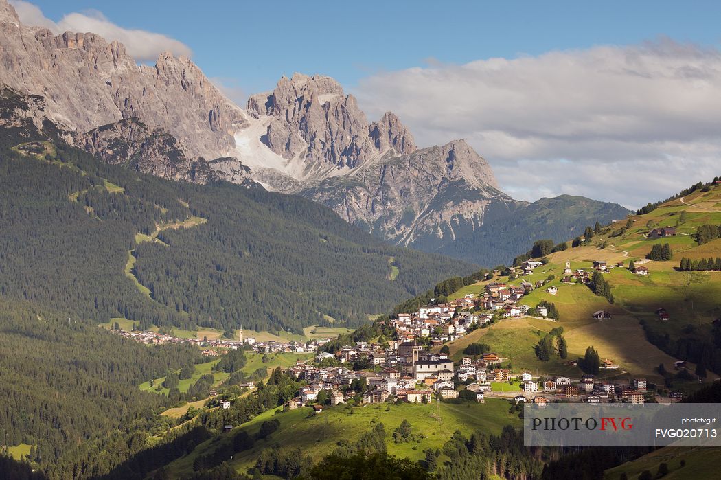 The valley of Comelico and in the background the dolomites of Sesto, Unesco World Heritege, Italy