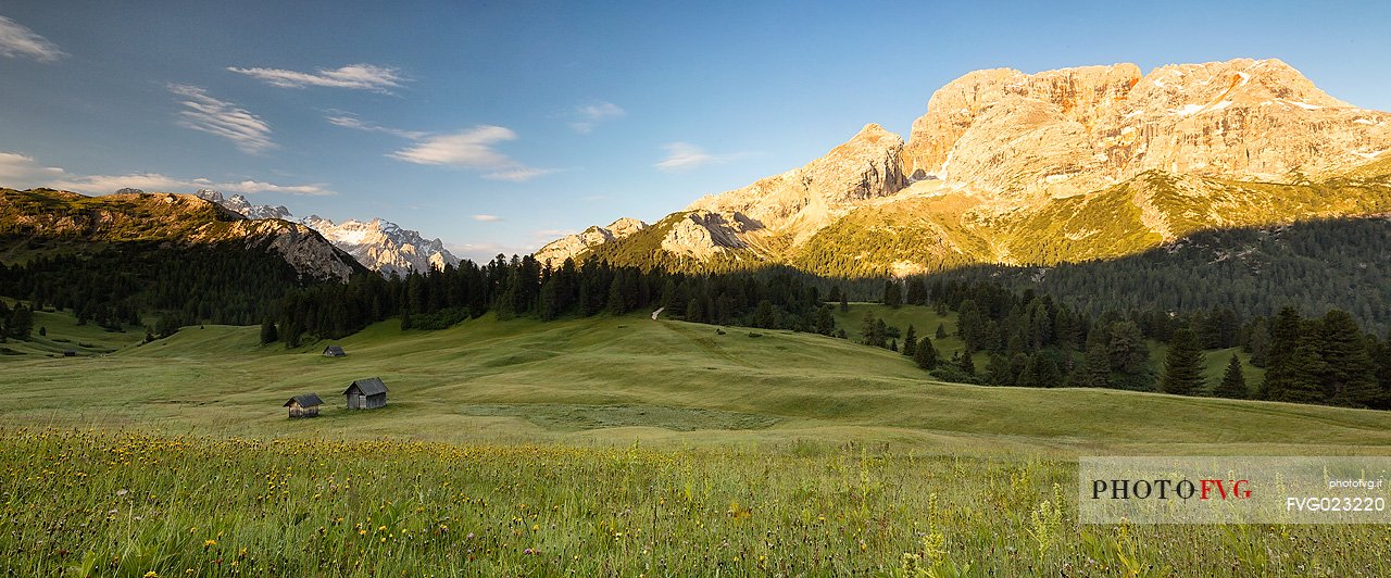 Sunrise form Prato Piazza Plateau against Croda Rossa Mountain, Dolomites, South Tyrol, Italy 