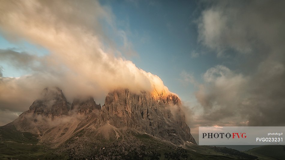 Sunrise on  Sassolungo (Langkofel) Mountain from Sella Pass, Dolomites, South Tyrol, Italy
 