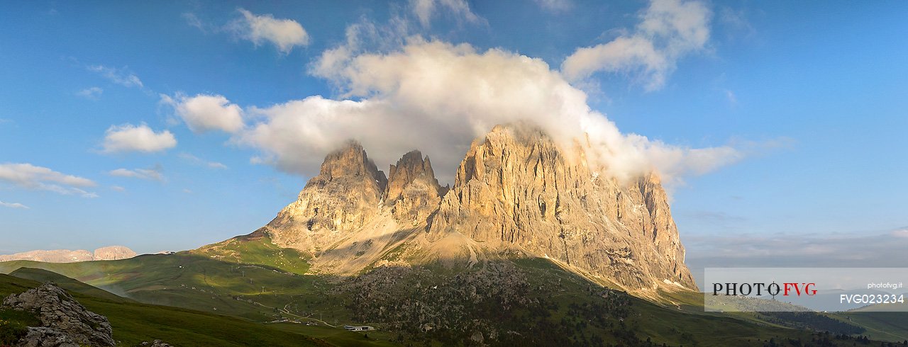 Sunrise on  Sassolungo (Langkofel) Mountain from Sella Pass, Dolomites, South Tyrol, Italy
 