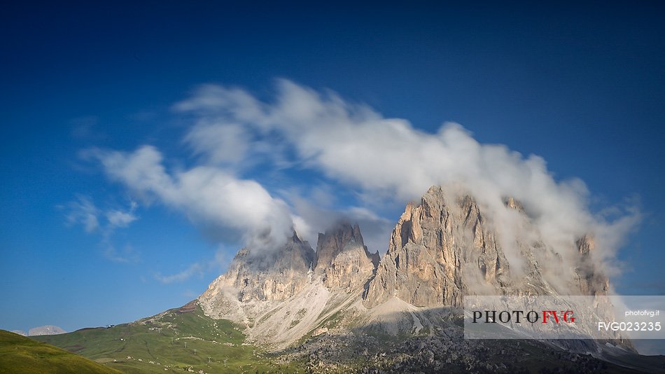 Sunrise on  Sassolungo (Langkofel) Mountain from Sella Pass, Dolomites, South Tyrol, Italy
 