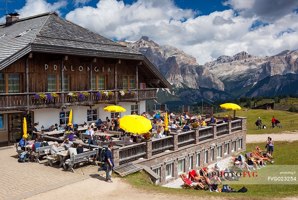 Tourists at Pralongi hut, Badia Valley, South Tyrol, Dolomites, Italy