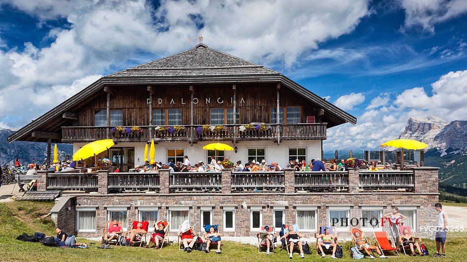 Tourists at Pralongi hut, Badia Valley, South Tyrol, Dolomites, Italy