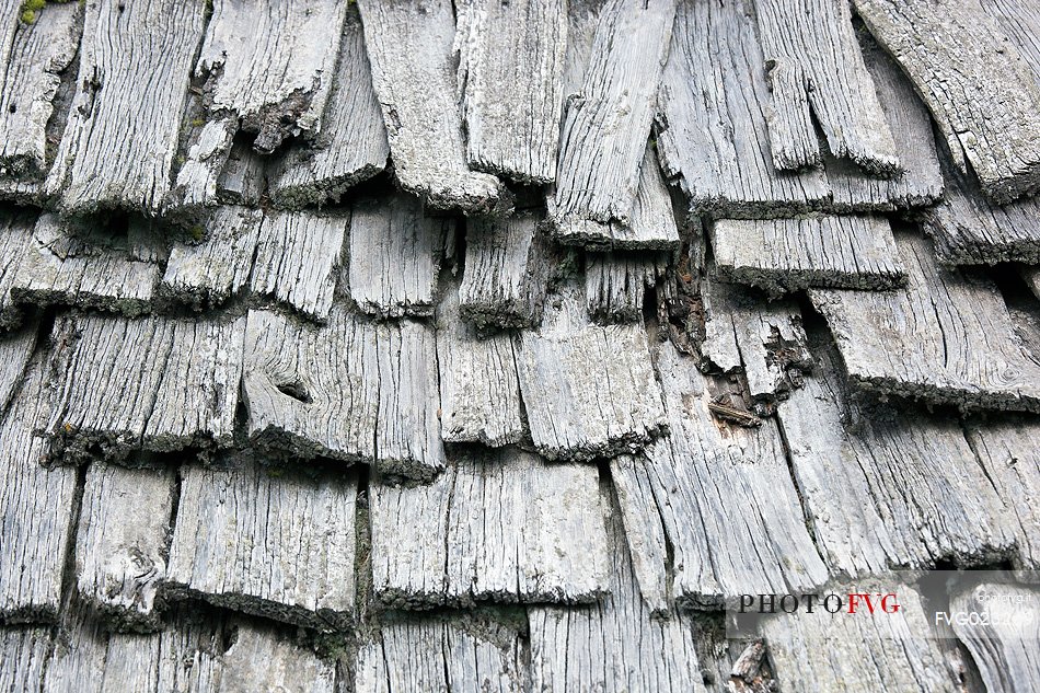 Traditional house, detail of a shingle roof, Badia Valley, dolomites, Italy