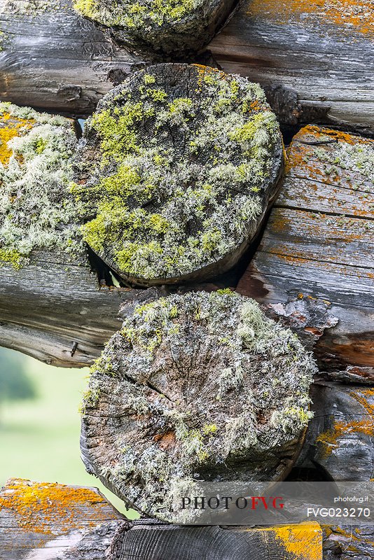 Closeup of corner of a typical wooden building in a alpine village, Badia Valley, dolomites, Italy