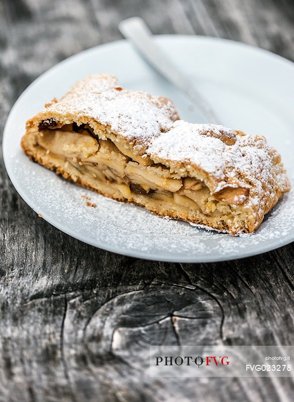 Strudel, typical sweet cake of Dolomites, South Tyrol, Dolomites, Italy