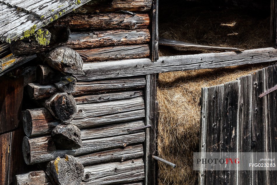 Closeup of typical barn in a alpine village, Badia Valley, dolomites, Italy