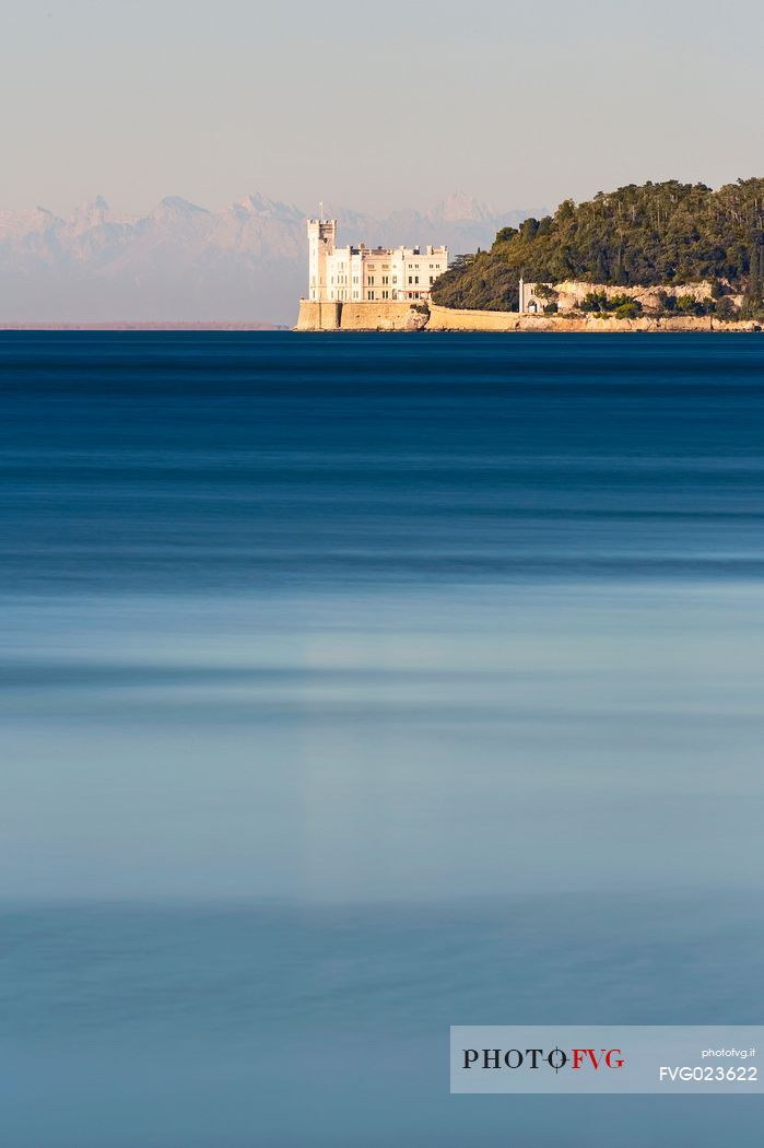 Miramare castle, in the backgrund the Julian Alps, Trieste, Italy